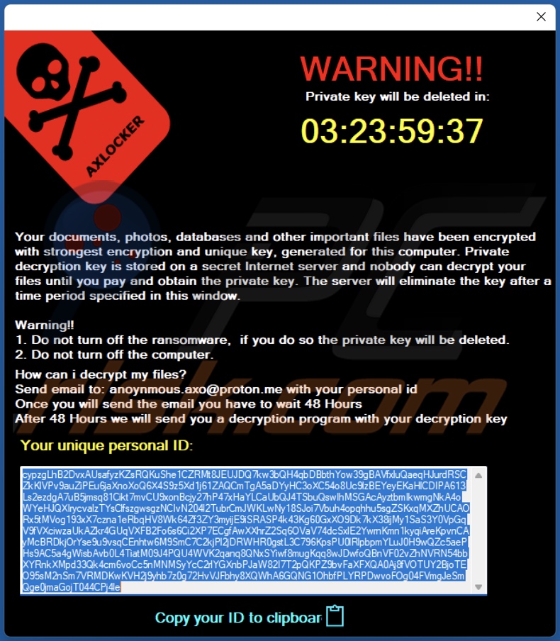 Nota de rescate (pop-up) del ransomware AXLocker