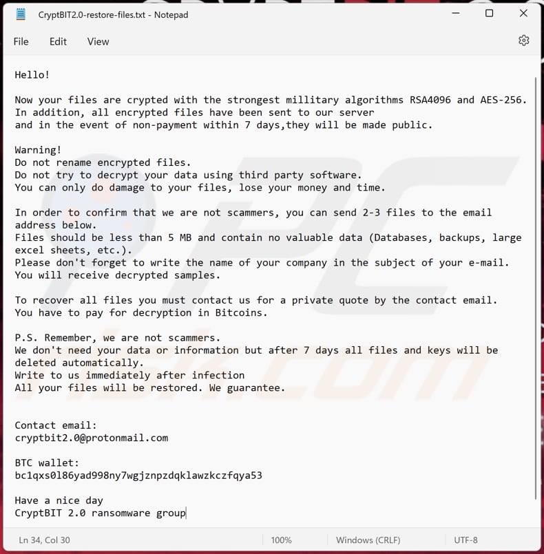 Archivo de texto del ransomware CryptBIT 2.0 (CryptBIT2.0-restore-files.txt)