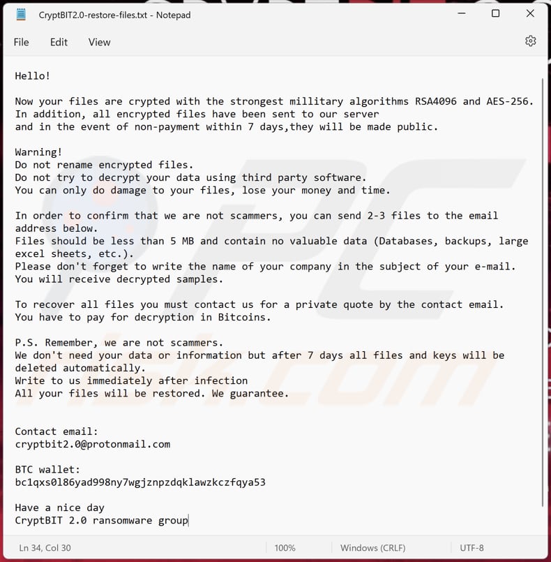 Archivo de texto del ransomware CryptBIT 2.0 (CryptBIT2.0-restore-files.txt)