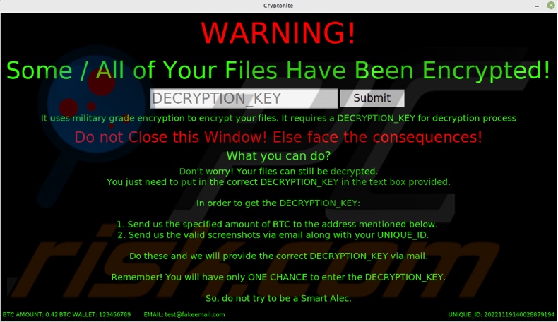 Nota de rescate (pop-up) del ransomware Cryptonite (.cryptn8)