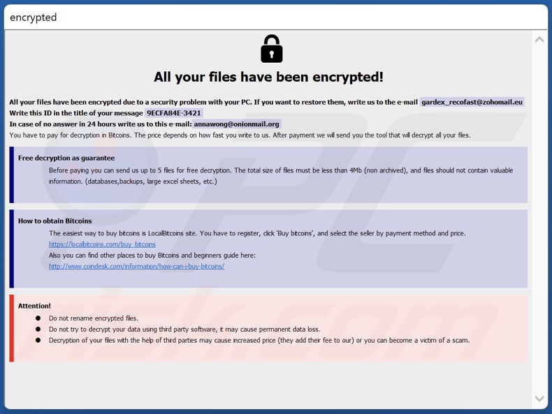 Ventana emergente del ransomware Faust (info.hta)