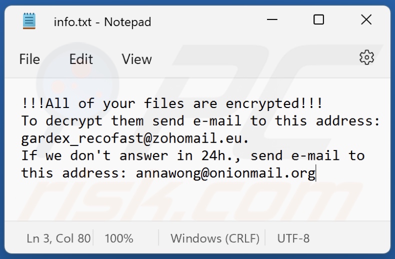 Archivo de texto del ransomware Faust (info.txt)