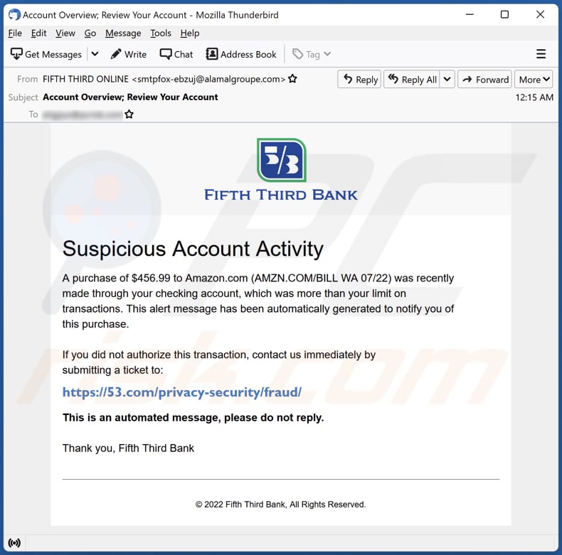 Campaña de spam por correo electrónico de FIFTH THIRD BANK