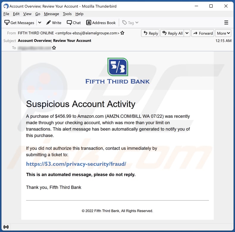 FIFTH THIRD BANK campaña de spam por correo electrónico