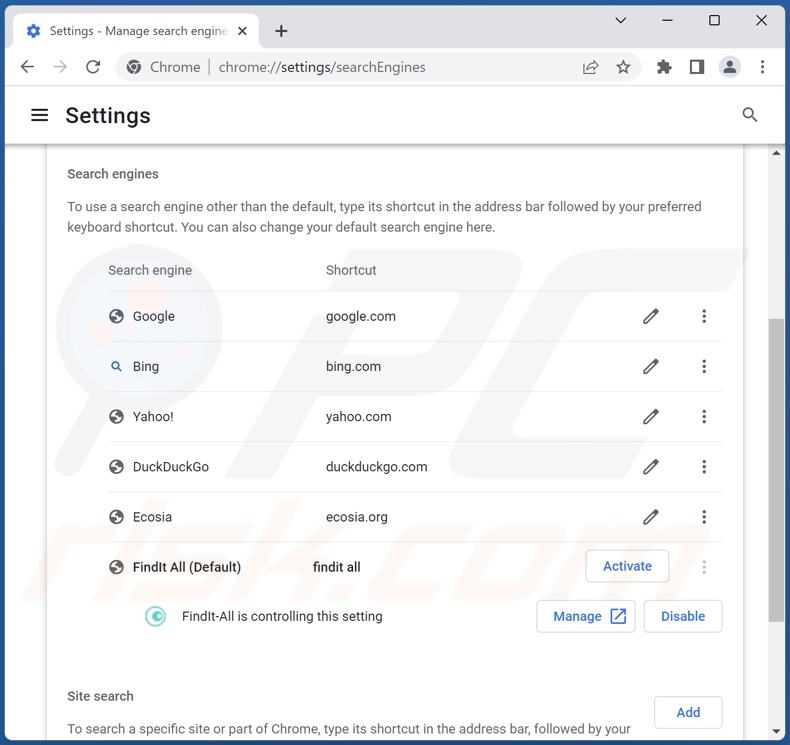 Eliminar find.findit-all.com del motor de búsqueda predeterminado de Google Chrome