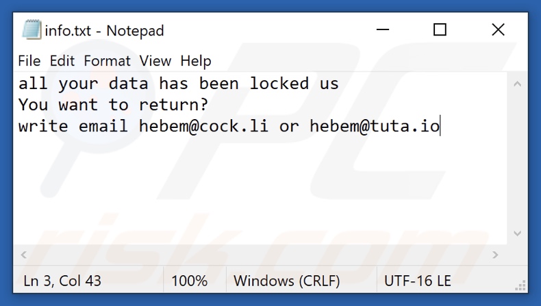 Archivo de texto del ransomware HBM (info.txt)