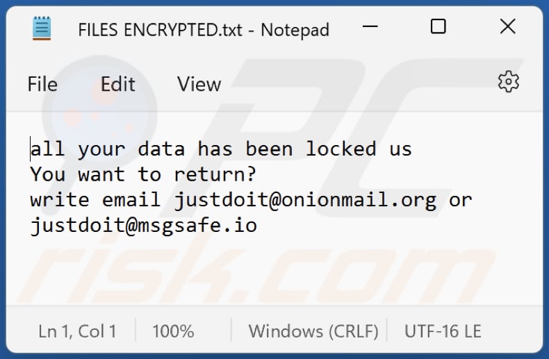 Archivo txt del ransomware Just (FILES ENCRYPTED.txt)