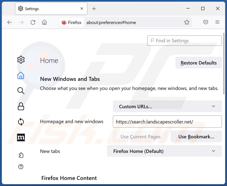 Eliminar search.landscapescroller.net de la página de inicio de Mozilla Firefox