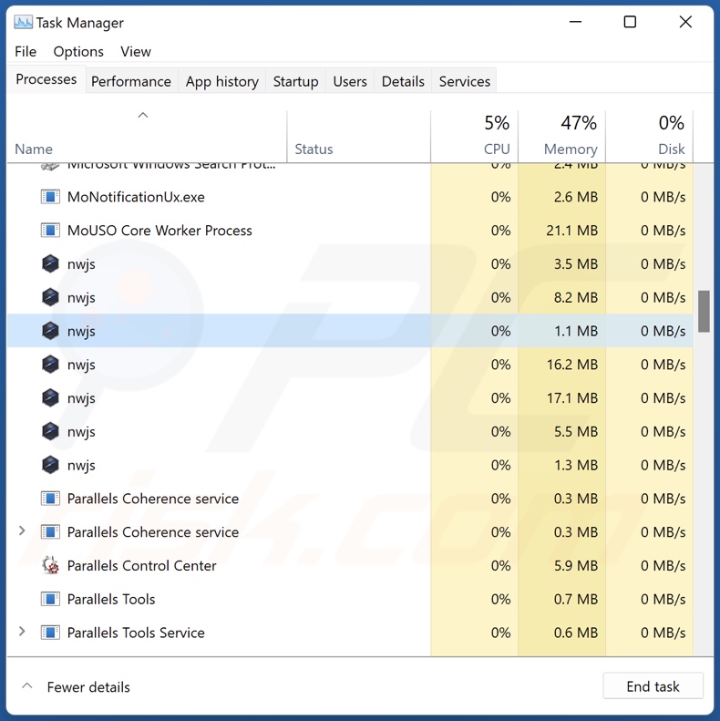 Proceso del adware Movies en el Administrador de Tareas (nwjs - nombre del proceso)