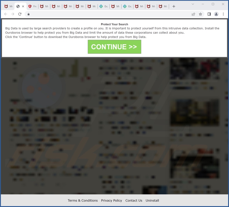 Sitio web engañoso que promociona el navegador Ouroboros PUA