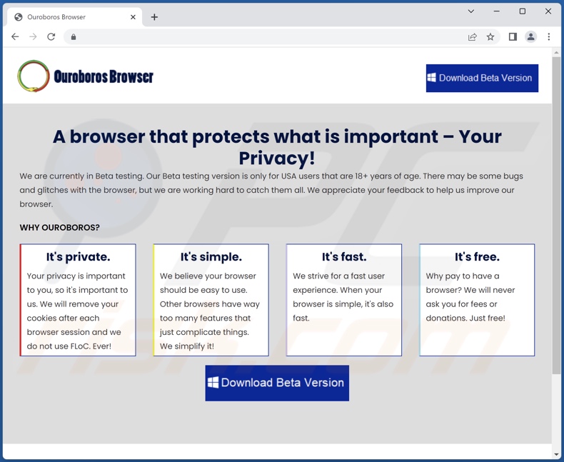 Sitio web utilizado para promocionar la PUA Ouroboros browser
