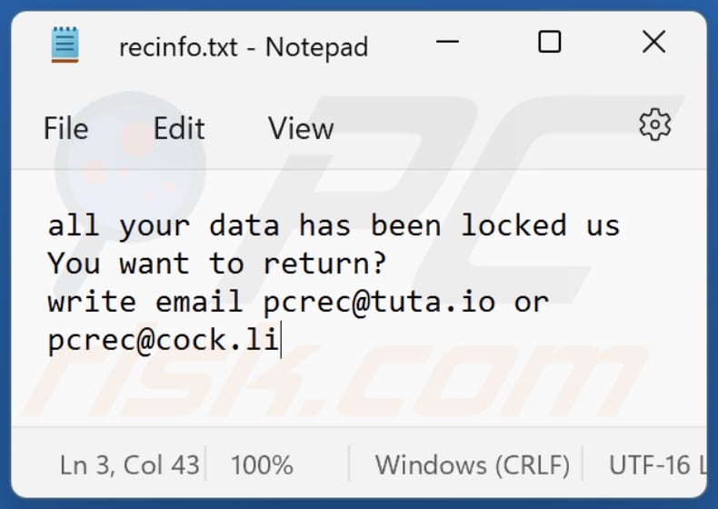 Segunda nota de rescate del ransomware RPC (recinfo.txt)