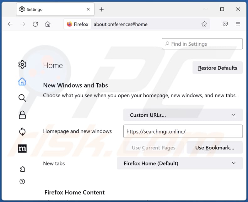 Eliminar searchmgr.online de la página de inicio de Mozilla Firefox