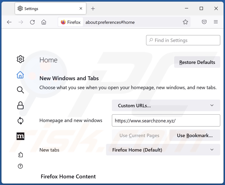 Eliminar searchzone.xyz de la página de inicio de Mozilla Firefox