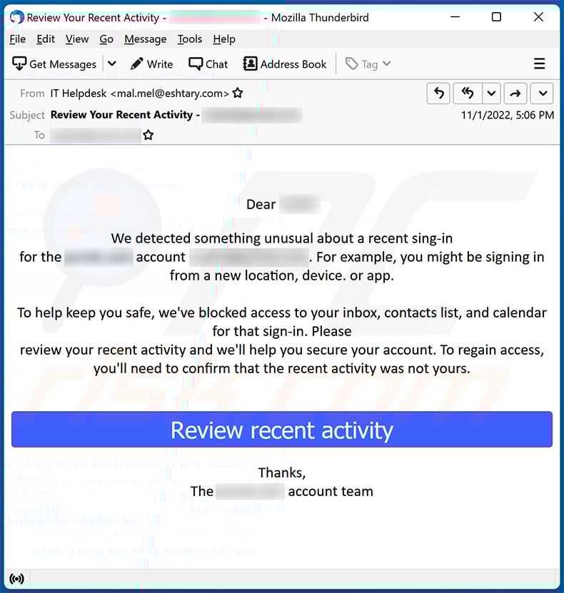 Correo electrónico de spam con temática de  