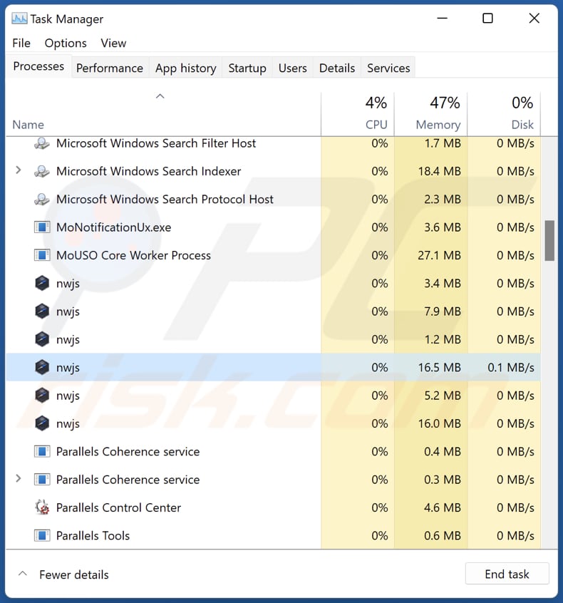 Videos adware proceso nwjs en el administrador de tareas