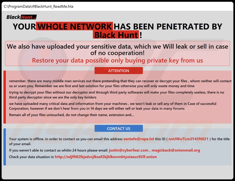 Archivo HTA del ransomware Black Hunt (BlackHunt_ReadMe.hta)