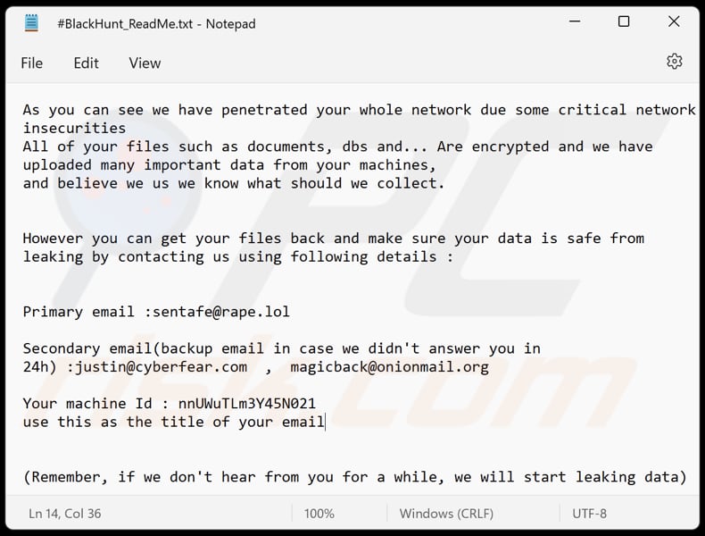 Nota de rescate del ransomware Black Hunt en un archivo de texto (#BlackHunt_ReadMe.txt)