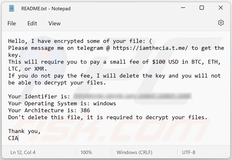 Nota de rescate de otra variante del ransomware de la CIA (README.txt)