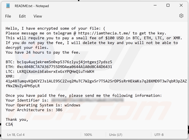 Nota de rescate del ransomware CIA (README.txt)