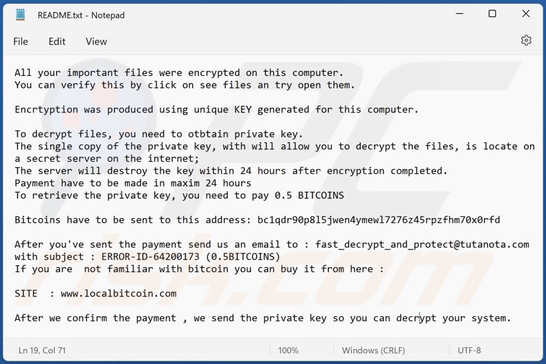 Archivo de texto del ransomware CryWiper (README.txt)