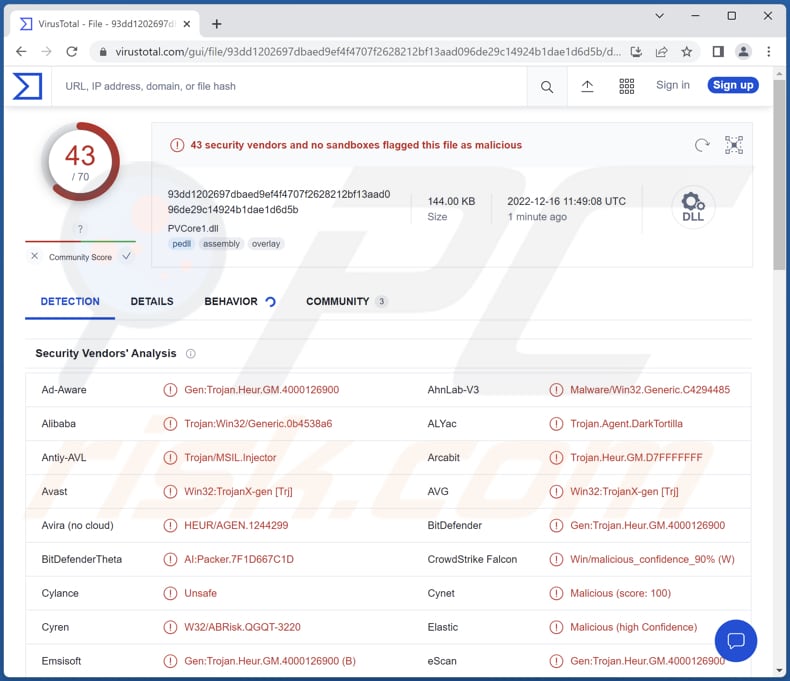 Malware DarkTortilla detectado en VirusTotal