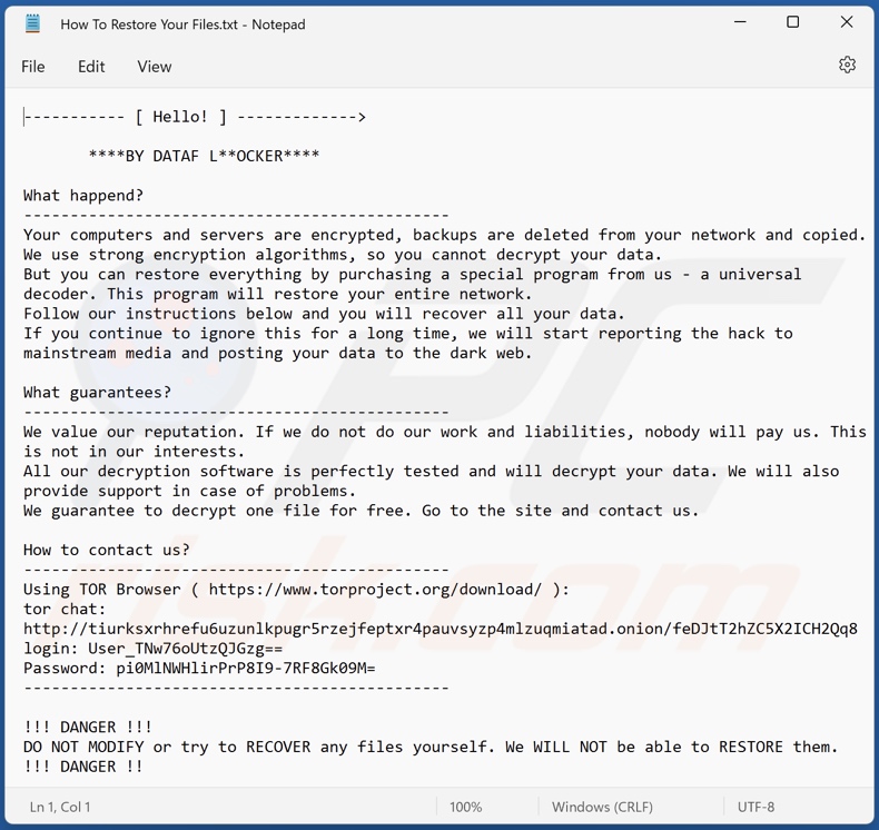 Nota de rescate del ransomware DATAF LOCKER (How To Restore Your Files.txt)