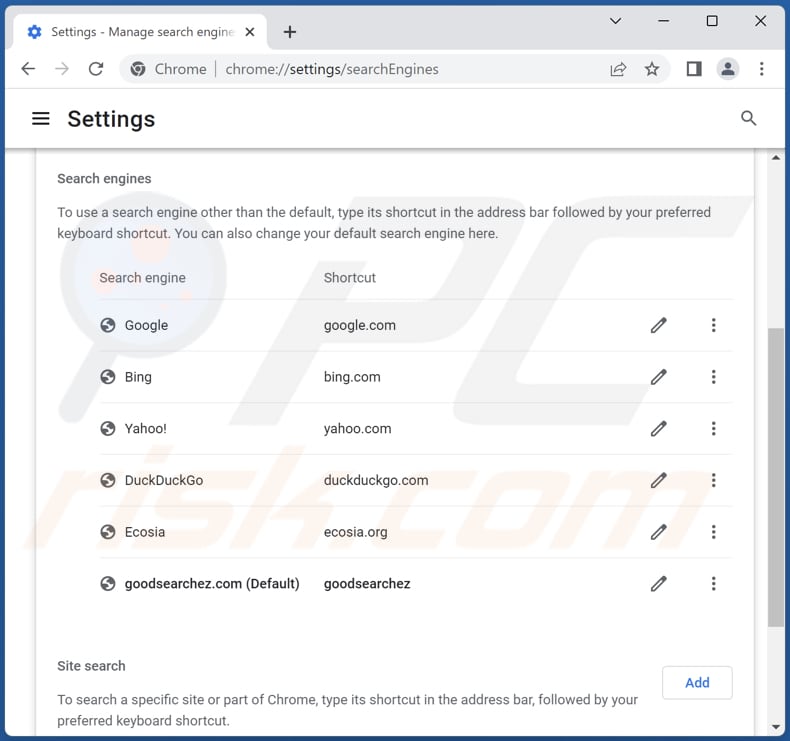 Eliminar goodsearchez.com del motor de búsqueda predeterminado de Google Chrome