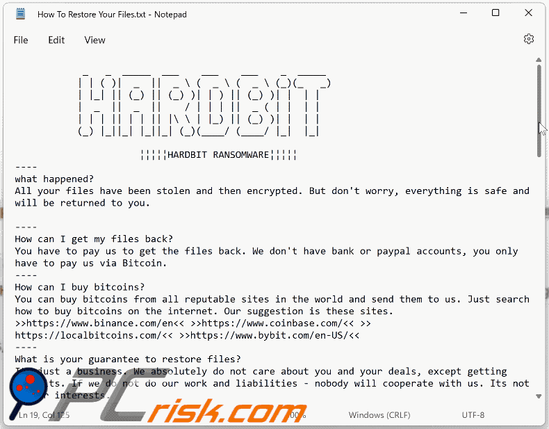 Aspecto del archivo de texto del ransomware HARDBIT 2.0 (How To Restore Your Files.txt)