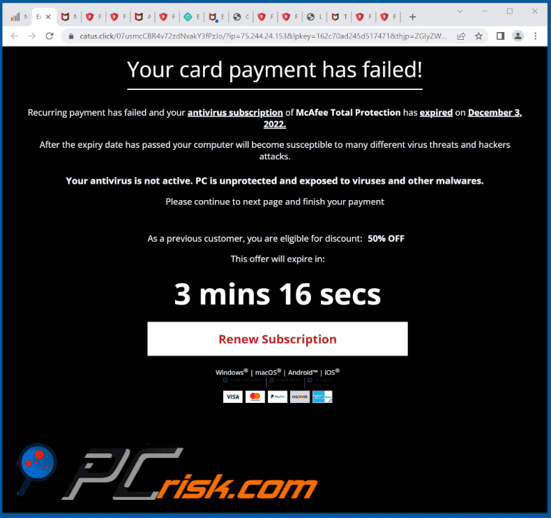 Aspecto de la estafa emergente McAfee - Your Card Payment Has Failed! (GIF)