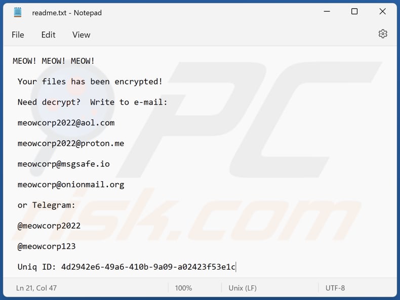 Archivo de texto del ransomware MEOW (readme.txt)