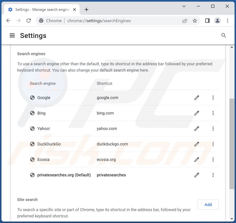 Eliminar privatesearches.org del motor de búsqueda predeterminado de Google Chrome