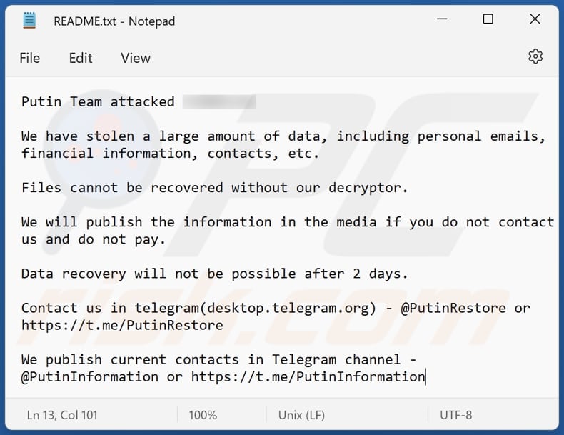 Archivo de texto del ransomware PUTIN (README.txt)