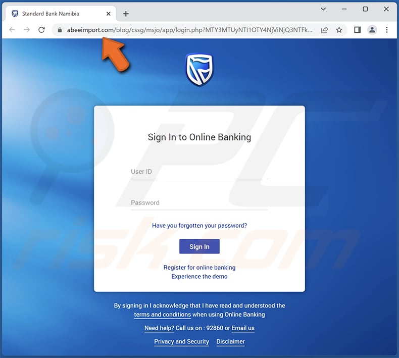 sitio web de phishing fraudulento de Standard Bank