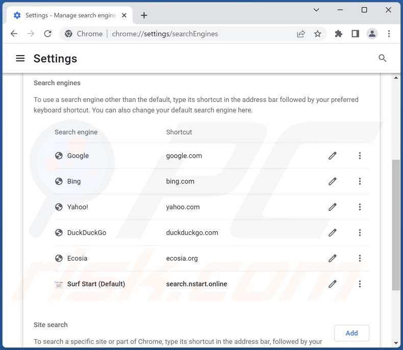 Eliminar search.nstart.online del motor de búsqueda predeterminado de Google Chrome