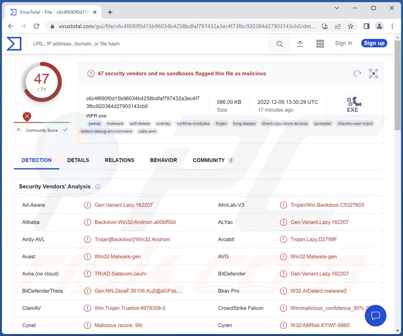 Truebot malware detections on VirusTotal