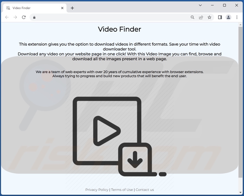 Sitio web promocionando el adware Video Finder