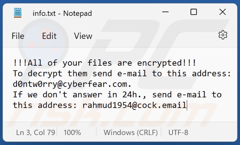 Archivo de texto del ransomware Worry (info.txt)