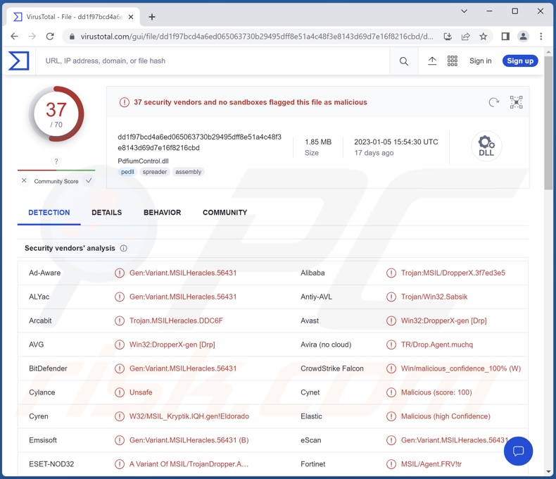 Detecciones del malware Album Stealer en VirusTotal