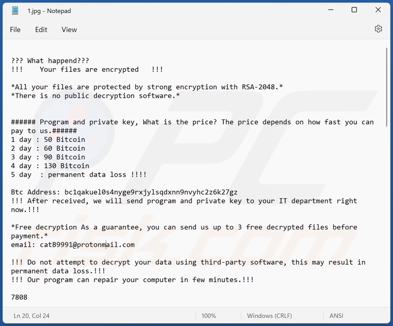 Nota de rescate del ransomware CatB (insertada en un archivo encriptado)