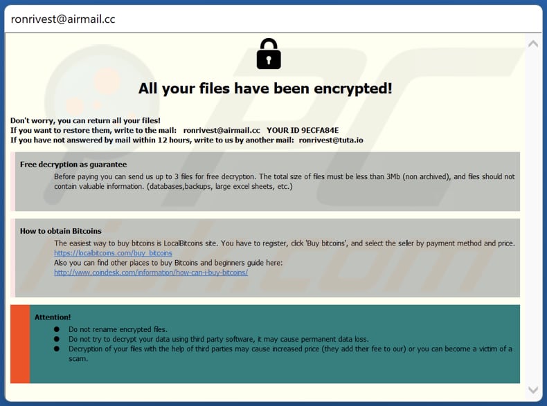 Ventana emergente del ransomware CY3