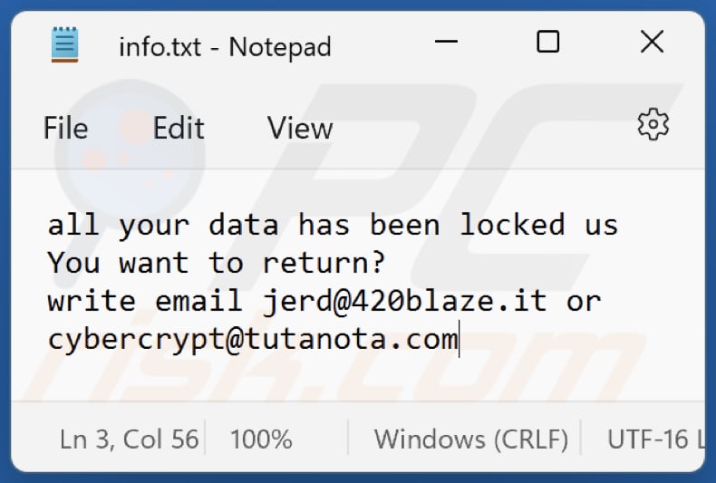 Archivo de texto del ransomware CY3 (info.txt)