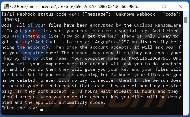 Nota de rescate del Cyclops ransomware (cmd)