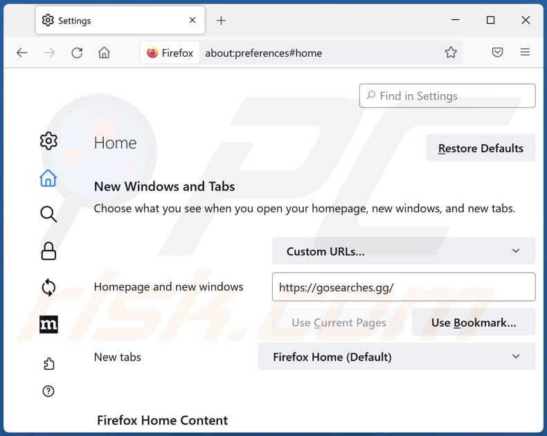Eliminar gosearches.gg de la página de inicio de Mozilla Firefox