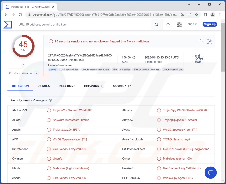 Detecciones del malware LummaC2 en VirusTotal