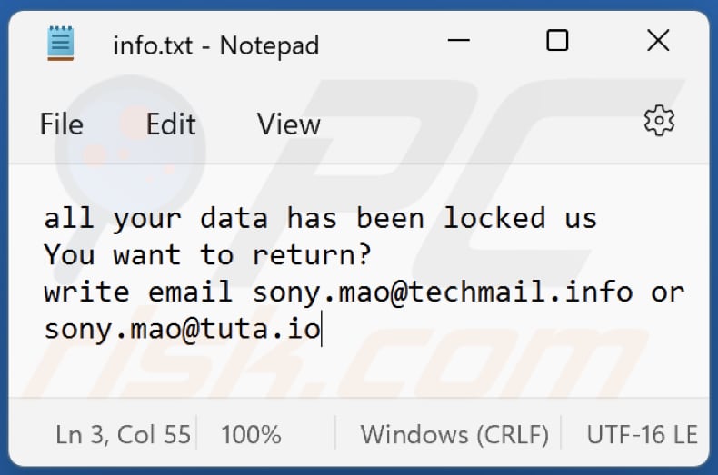 Archivo txt del ransomware Mao (info.txt)