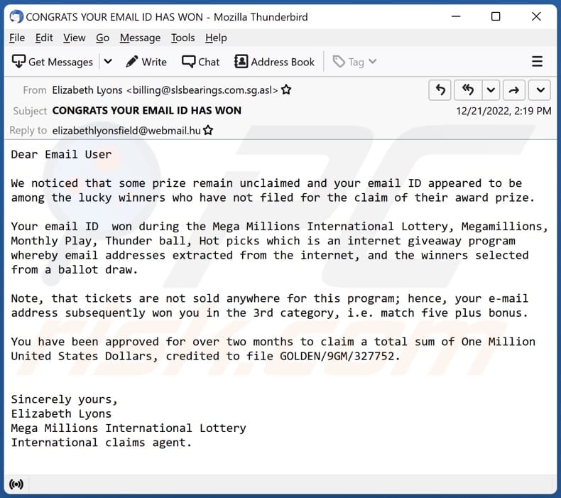 Correo electrónico fraudulento de Mega Millions International Lottery
