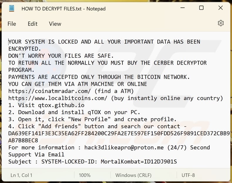 Archivo de texto del ransomware MortalKombat (HOW TO DECRYPT FILES.txt)
