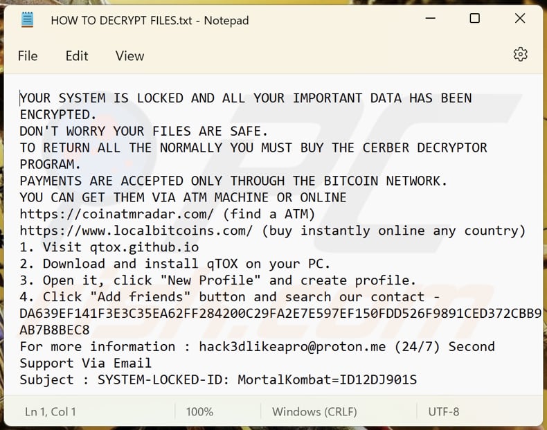 Archivo de texto del ransomware MortalKombat (HOW TO DECRYPT FILES.txt)
