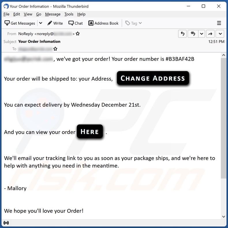 Campaña de spam por correo electrónico de Order Information